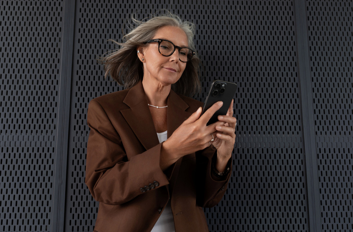 Confident charming mature old lady with gray hair and glasses is dressed in a stylish jacket in an urban environment.